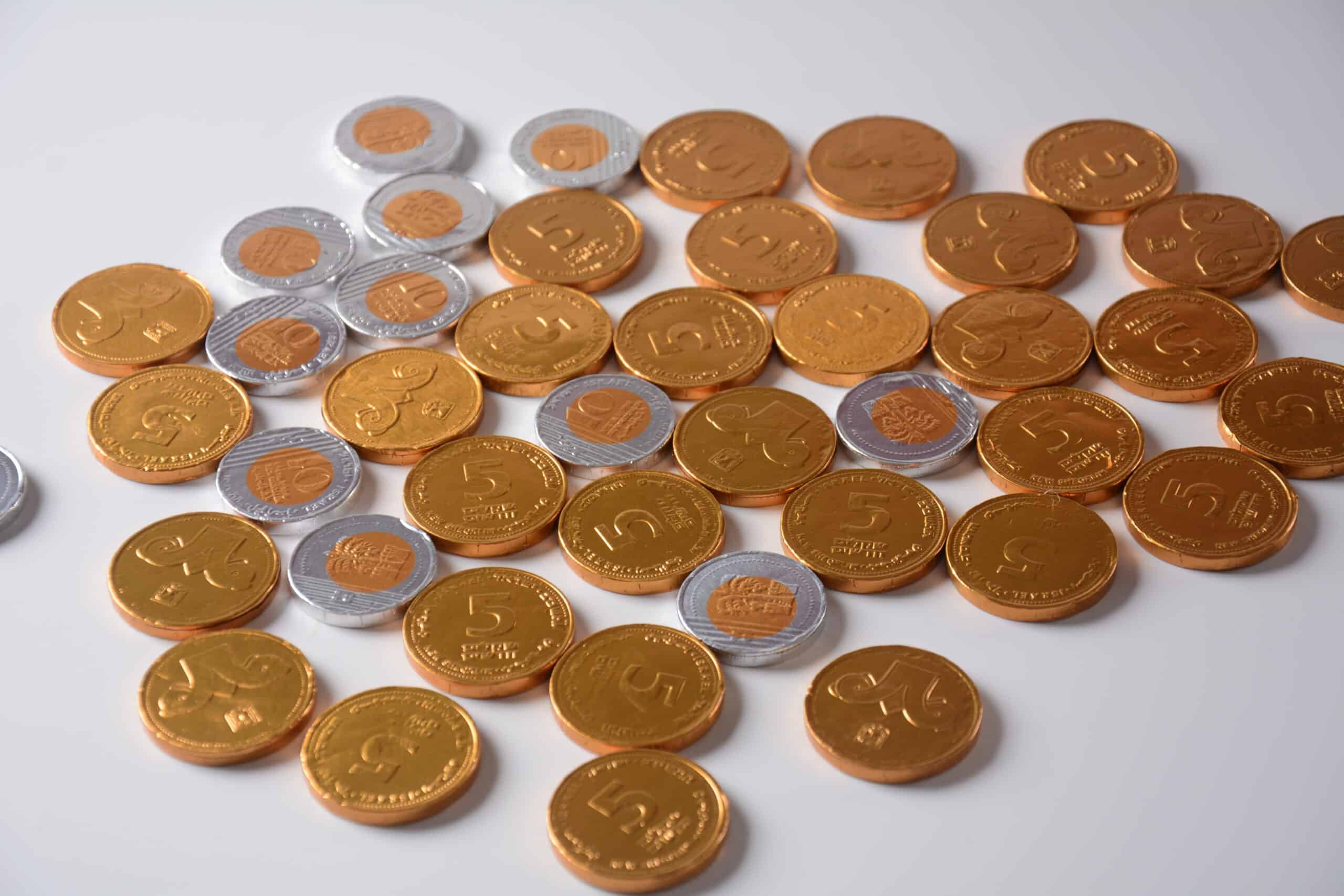 Stack of chocolate shekel coins as a concept for finance